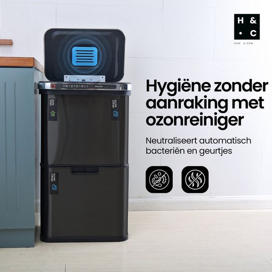 Poubelle Hom&Com à 3 compartiments, 60 L, noire – Poubelle automatique à capteur – Couvercle à fermeture douce, fonction ozone et filtre anti-odeurs pour le tri sélectif des déchets