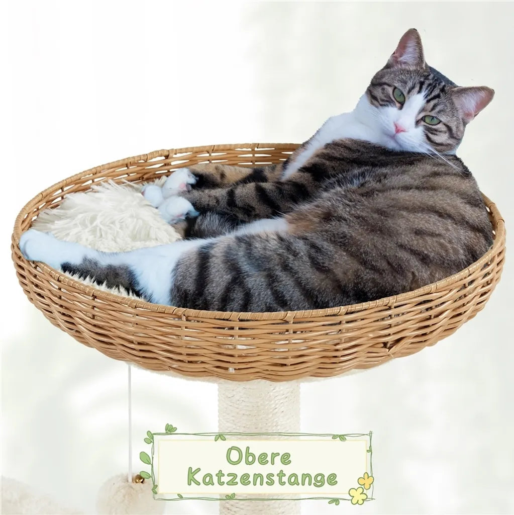 Yaheetech Arbre à chat 137,5 cm en rotin avec maison pour chat, beige