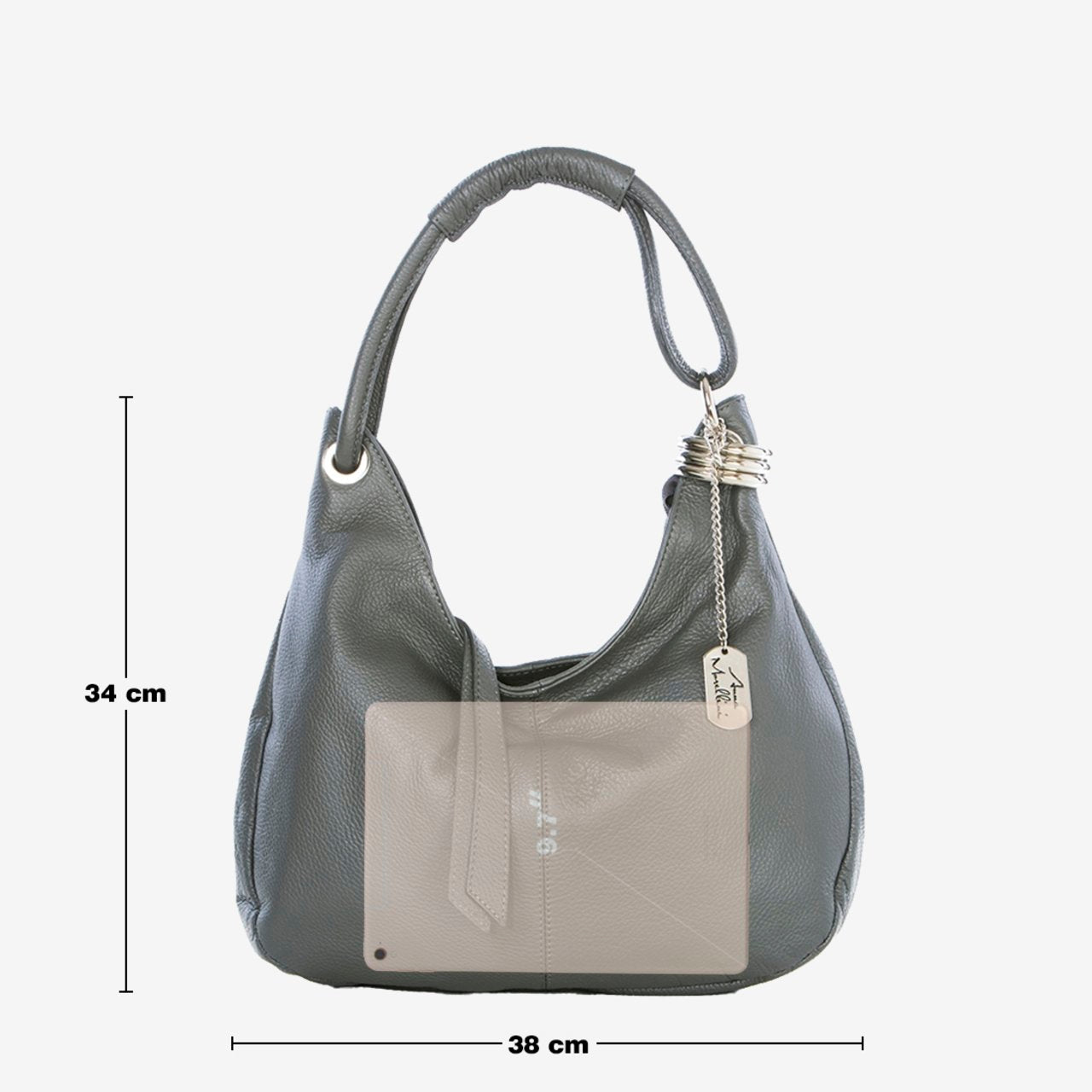 Sac hobo Anna Morellini Alba - Cuir de vachette véritable - Ash - 38 x 34 x 10 cm