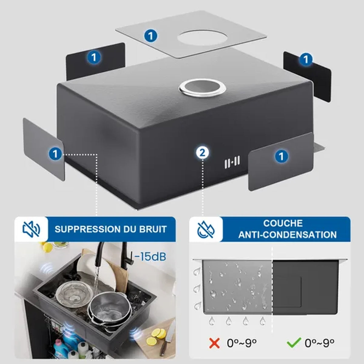 Évier Auralum MAX en acier inoxydable 60 x 44 cm - À encastrer, à poser et à poser sous plan - Insonorisant avec siphon - Gris foncé