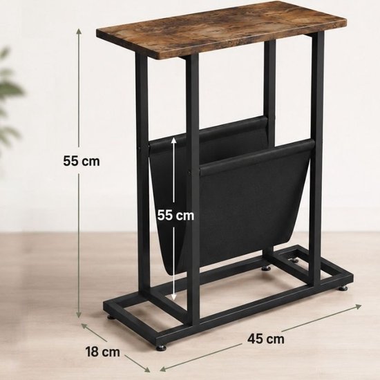 Table d'appoint Ceruzo avec porte-revues – Étroite – Noir et marron - H 55 cm