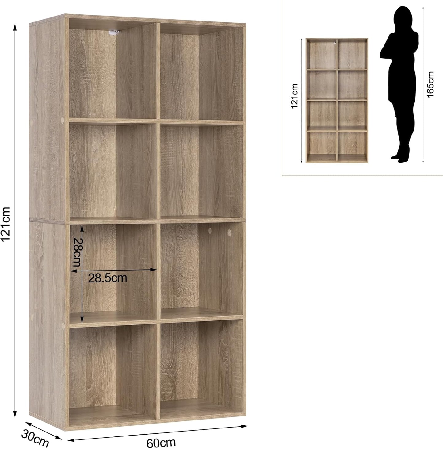 Bibliothèque WOLTU à 8 compartiments - Chêne clair - 60 x 29,5 x 121 cm