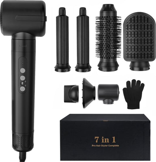 Saaf Brosse à cheveux 7 en 1 - Ensemble de 8 pièces - Sèche-cheveux - Brosse à coiffer et à boucler - Hairwrap - Airstyler - Multistyler - Noir
