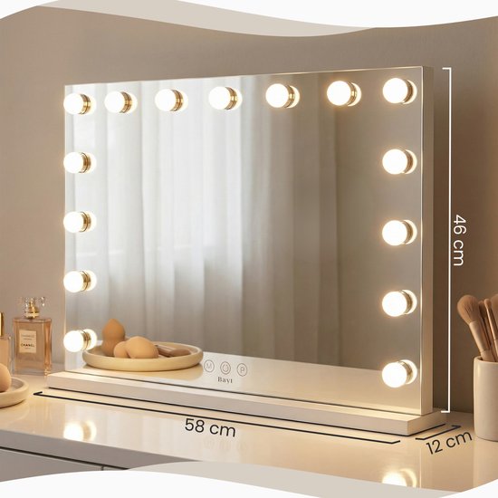 Miroir Bayt avec éclairage - Miroir de maquillage avec éclairage - Miroir Hollywoodien avec éclairage - Dimmable - 58x46cm - Blanc