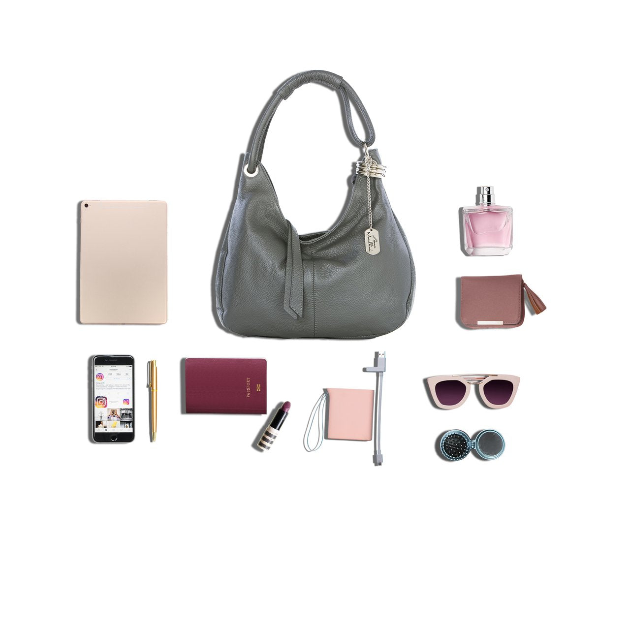Sac hobo Anna Morellini Alba - Cuir de vachette véritable - Ash - 38 x 34 x 10 cm