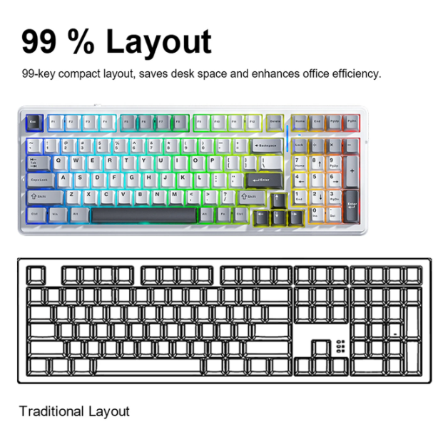 Clavier mécanique sans fil AULA F99 - Gris clair - 99 touches, tri-mode