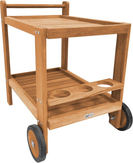 Chariot de service AXI Miri en teck – 70 x 48 x 70 cm – En teck – Avec 2 roues et 3 porte-bouteilles – Pour l'extérieur et l'intérieur – Pour le jardin, la terrasse et le balcon