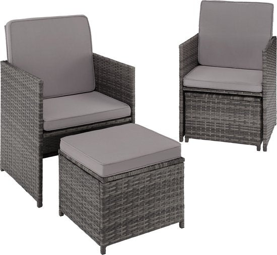 tectake® - ensemble de sièges en osier, salon de jardin 5 pièces avec table, fauteuil et tabouret, ensemble de salle à manger pour 4 personnes, meubles de jardin et de balcon avec coussins - gris - poly-rattan