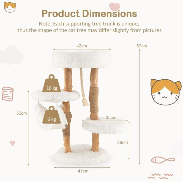 Arbre à chat en bois de 87 cm avec hamac Différentes plateformes Tour pour chat avec coussin doux Corde en sisal à suspendre