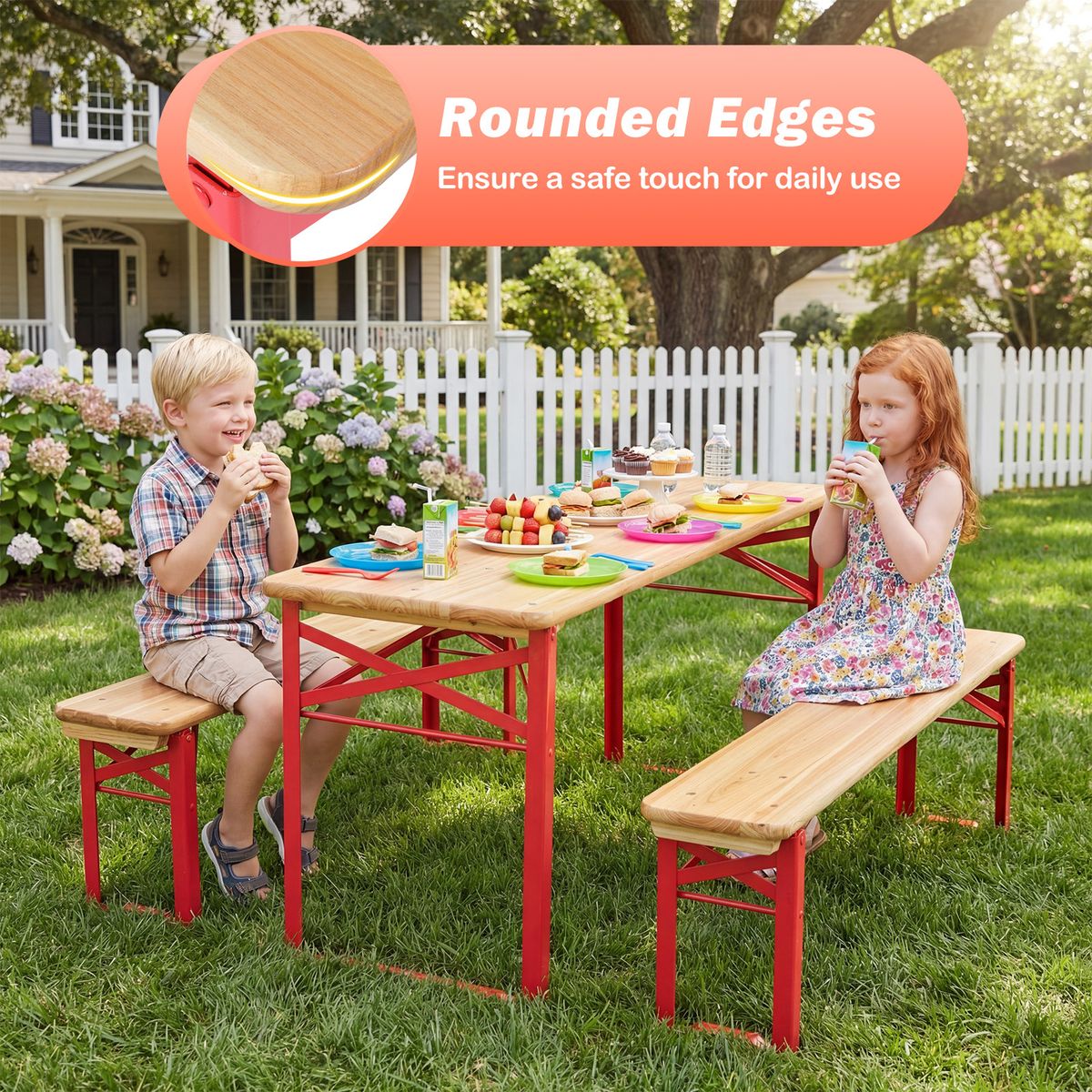 Ensemble de pique-nique pour enfants Coast - table de pique-nique pliable avec 2 bancs - bois de sapin et métal - rouge