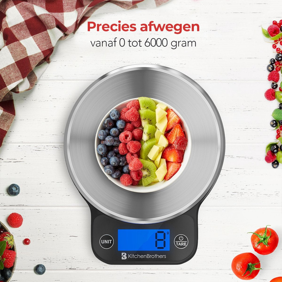 Balance de cuisine KitchenBrothers - numérique - 1 g à 6 kg - Piles incluses - Acier inoxydable - noir