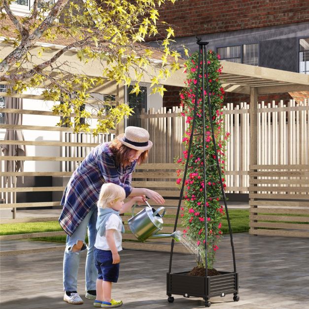 Tuteur Coast avec jardinière, noir – Obélisque de jardin mobile avec treillis et roulettes – 41 x 41 x 206 cm