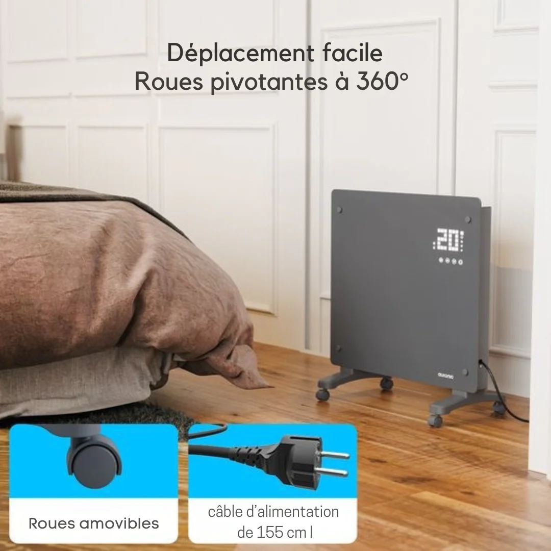Radiateur électrique Auronic - Radiateur à convection avec thermostat et télécommande - Radiateur à panneau en verre - Radiateur 1000 W - Gris
