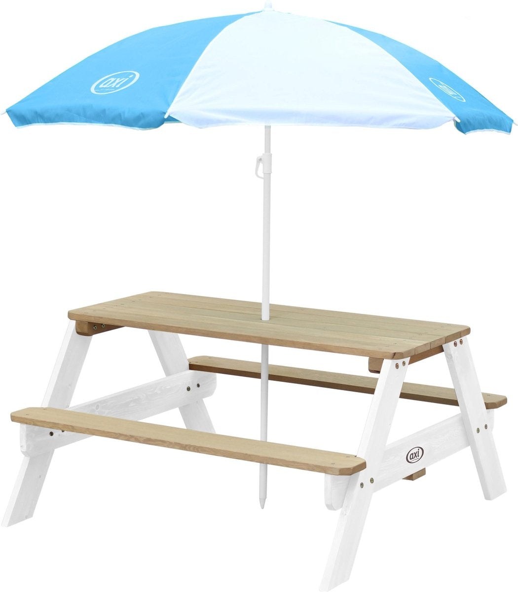 AXI Nick Picknicktafel in Bruin/Wit met Parasol in Blauw/Wit - Picknick tafel voor kinderen van FSC hout