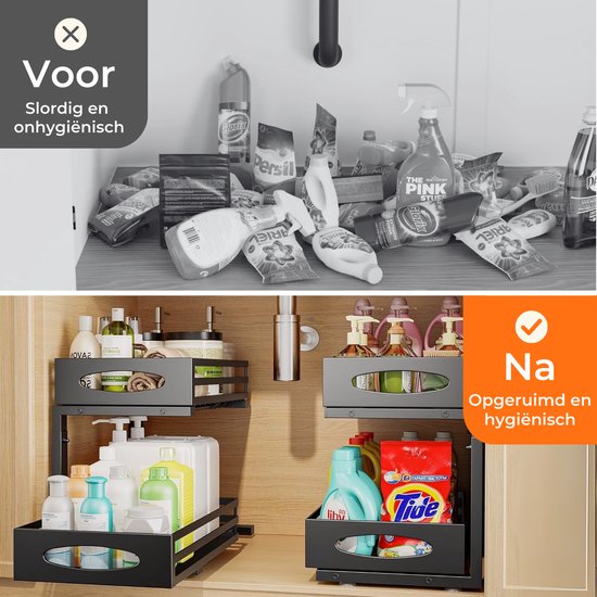 Posity Rangement pour armoire de cuisine - Rangement pour évier - Rangement pour comptoir - Support de rangement - Rangement pour salle de bain - Support de cuisine - Extensible - Métal - Noir