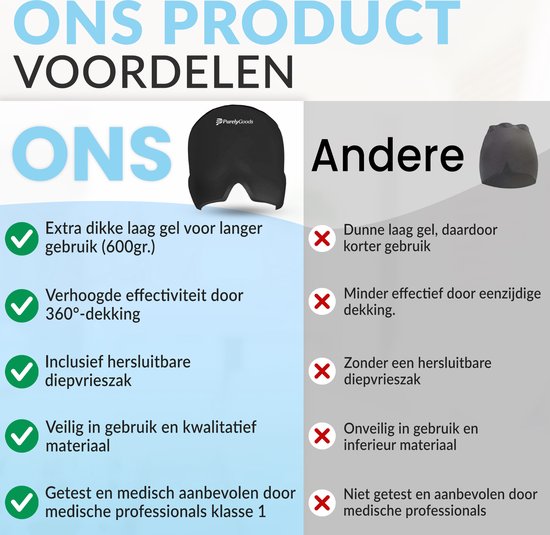 PurelyGoods® Masque contre la migraine 600gr. - Masque contre la migraine - Hot/Coldpack - Icepack - Thérapie par la chaleur et le froid - Sac de congélation inclus - Noir