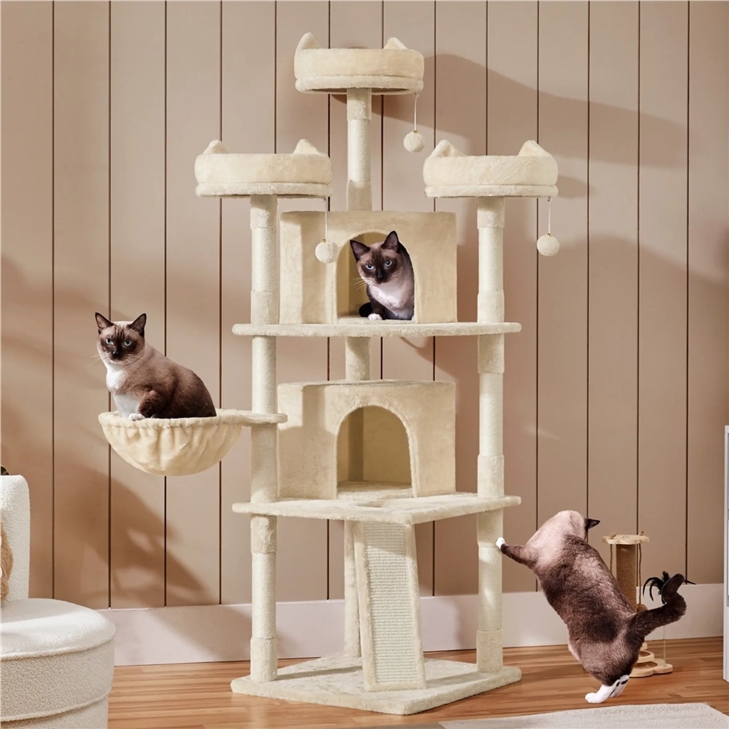 Yaheetech Cat Post XXL avec 3 plateformes d'observation - équipé de 2 terriers, d'une planche à gratter et d'un système anti-piqûres - pour les foyers avec plusieurs chats - beige peluche et sisal - 55,5 x 55,5 x 175 cm