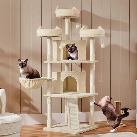 Yaheetech Cat Post XXL avec 3 plateformes d'observation - équipé de 2 terriers, d'une planche à gratter et d'un système anti-piqûres - pour les foyers avec plusieurs chats - beige peluche et sisal - 55,5 x 55,5 x 175 cm