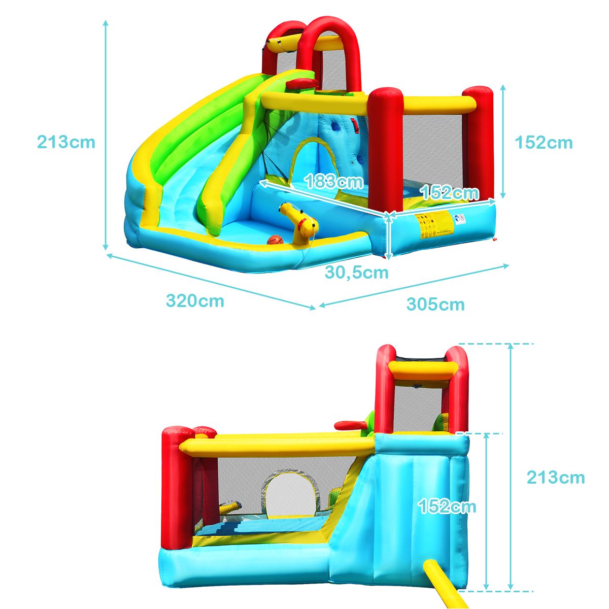 Château gonflable Coast 6-en-1 - Toboggan incurvé - Mur d'escalade et canon à eau - 320 x 305 x 213 cm