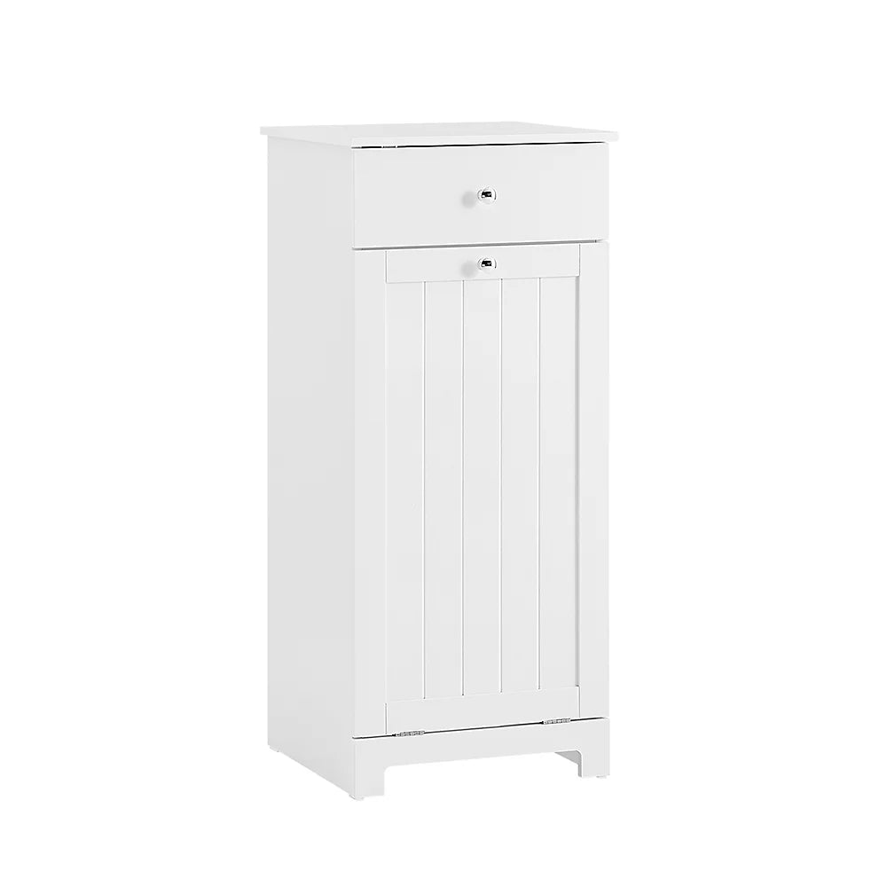 Armoire de salle de bains Sobuy avec panier à linge – Équipée d’un panier à linge amovible, d’une porte et d’un tiroir coulissant – Pour salle de bains et buanderie – MDF laqué blanc – 40 x 38 x 90 cm