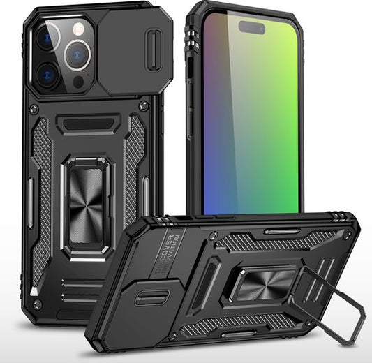 Podec Case suitable for iPhone 15 Pro Black Phone Case - Anti-Shock Case Cover Hybrid Armor Case with Kickstand Ring with Screen Protector
