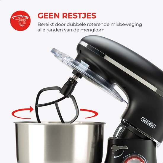 Bourgini Kitchen Chef Plus - Robot de cuisine XL - Bol de 6,2 L - Robot ménager - 3 accessoires - Mixeur de cuisine - Pétrissage de 1,2 kg de pâte à pizza/à pain