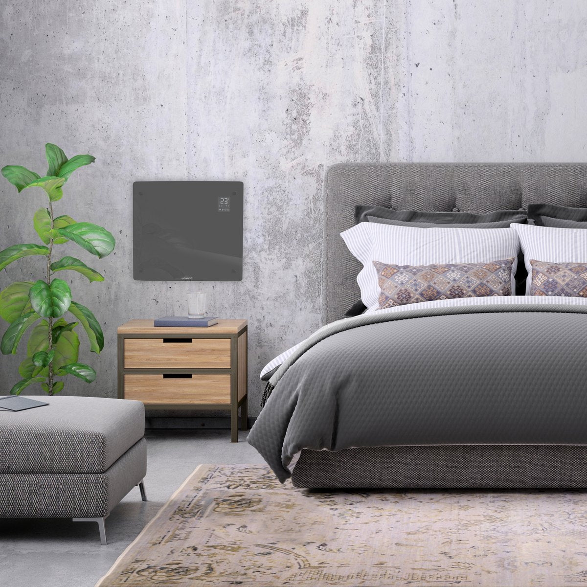 VONROC Convecteur électrique de luxe avec panneau en verre - 500W/1000W - Contrôle Wifi et manuel - Thermostat et minuterie réglables - Chauffe jusqu'à 12m² - Gris