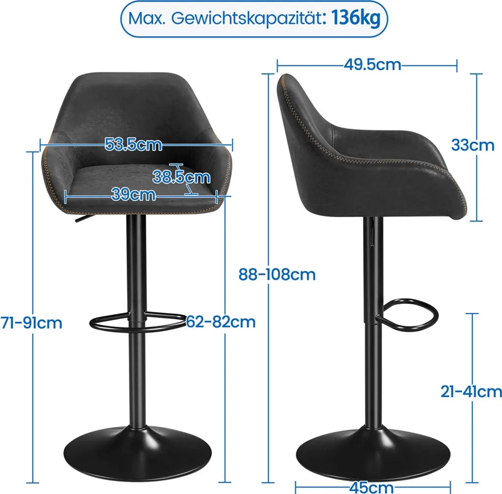 Yaheetech Barstools Set of 2 - Black Faux Leather - Adjustable 87.5-107.5 cm - 360° Rotatable with Backrest and Footrest