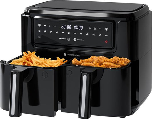 Airfryer XXL Double Zone - KitchenBrothers - 9L - 2400W - Friteuse à air chaud - 50ºC à 200ºC - 10 programmes de cuisson - Noir