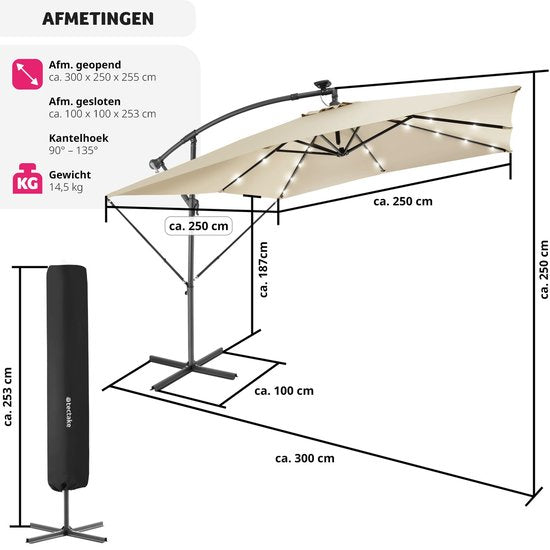 tectake® - Parasol 250cm avec éclairage solaire Led - Parasols - Parasol flottant - Energie solaire - Panneau solaire inclus - Eclairage de jardin - beige