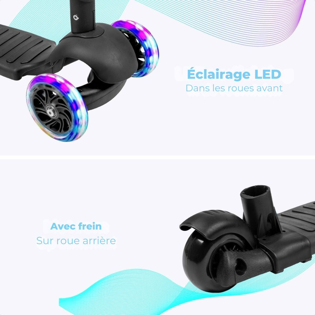 Scooter pour enfants avec barre de poussée - LifeGoods MultiRider - 3 -8 ans - Garçons/Filles - 3 roues lumineuses - Noir