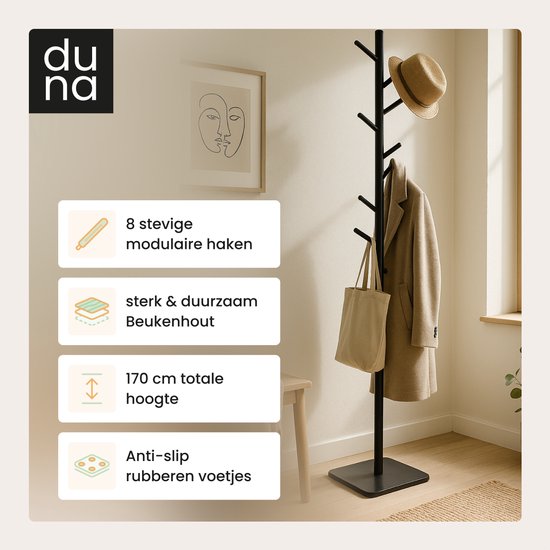 Duna Coat Stand - Porte-manteau sur pied en bois - 8 crochets - 170 cm - noir