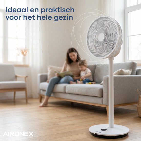 Ventilateur Aironex - Ventilateur sur pied silencieux à 26 vitesses - Commande via application - Faible consommation - Blanc - Avec fonction aromathérapie et Wi-Fi - Minuterie et mode nuit - Réglable en hauteur - Oscillation horizontale et verticale
