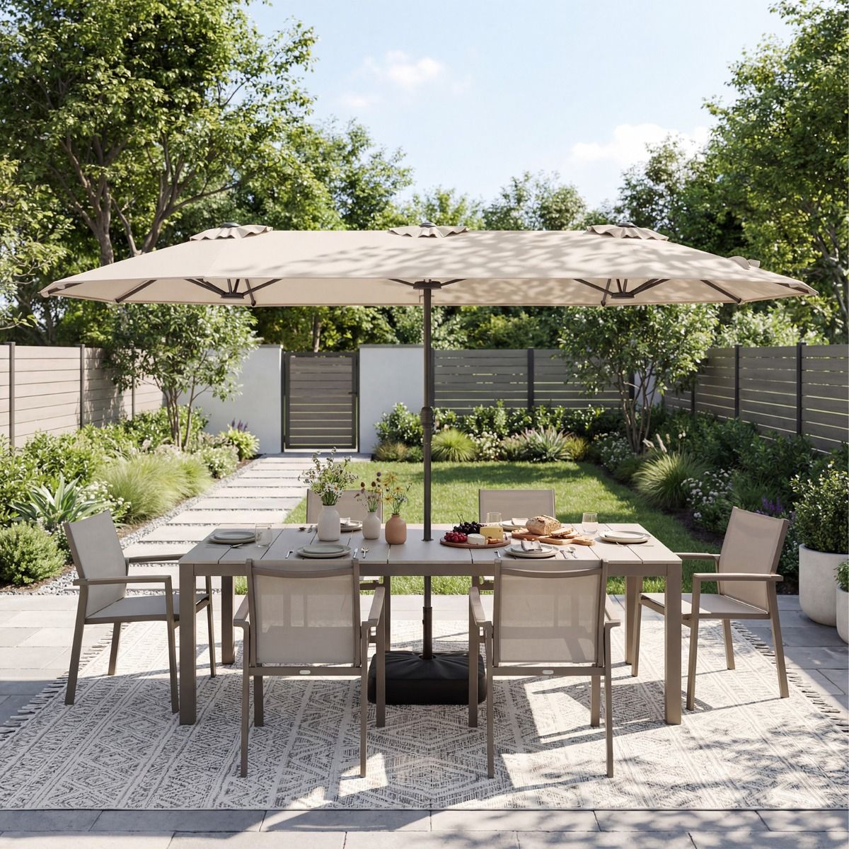 Parasol de terrasse double Coast - très grand format - avec manivelle et pied lesté - beige 400 x 212 cm