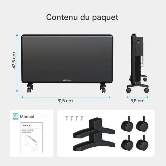 Auronic Radiateur - 2000W - Chauffage électrique - 3 niveaux - Panneau métallique - Freestanding - Roues - Noir