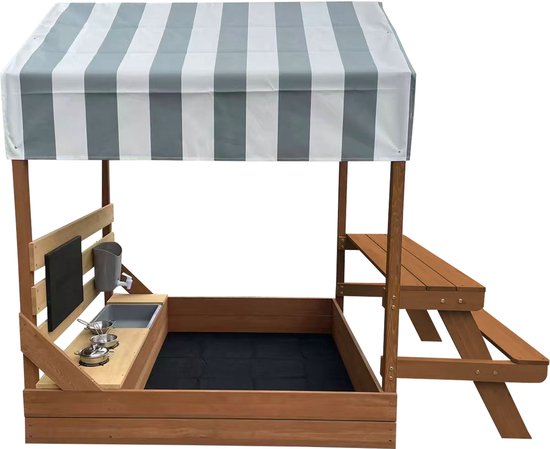 Bac à sable et maisonnette de jeu AXI Bo 159 x 105 cm avec cuisine de jeu et table de pique-nique, marron – Bois FSC – Avec tableau à craie et lot d'accessoires pour bac à sable (6 pièces) – Bâche de protection et toile de sol incluses – Garantie de 10 an