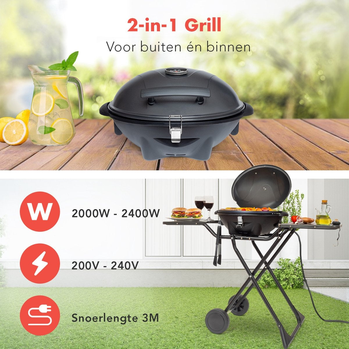KitchenBrothers Barbecue électrique - avec roues - pliable - revêtement antiadhésif - 46,5 x 33,8cm - jusqu'à 250°C - 2400W - noir