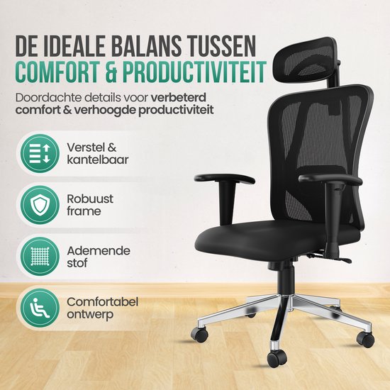 Avalo Ergonomic Office Chair With Headrest - NEN1335 - Chaises de bureau pour adultes - Chaise de bureau - 2 jeux de roues anti-rayures pour sols durs et souples inclus