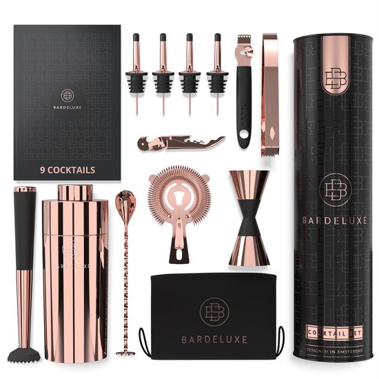 Set à cocktails BarDeluxe® - 12 pièces - Shaker 750 ml - Acier inoxydable - Avec coffret cadeau de luxe - Sac de rangement et livre de recettes - Or rose