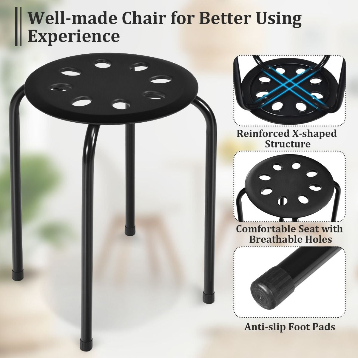Tabouret empilable Lot de 6 tabourets en métal empilables Tabouret de salle à manger Tabouret pour le bureau à domicile Salle de classe 44,5 cm Hauteur de l'assise 30 x 30 x 44,5 cm