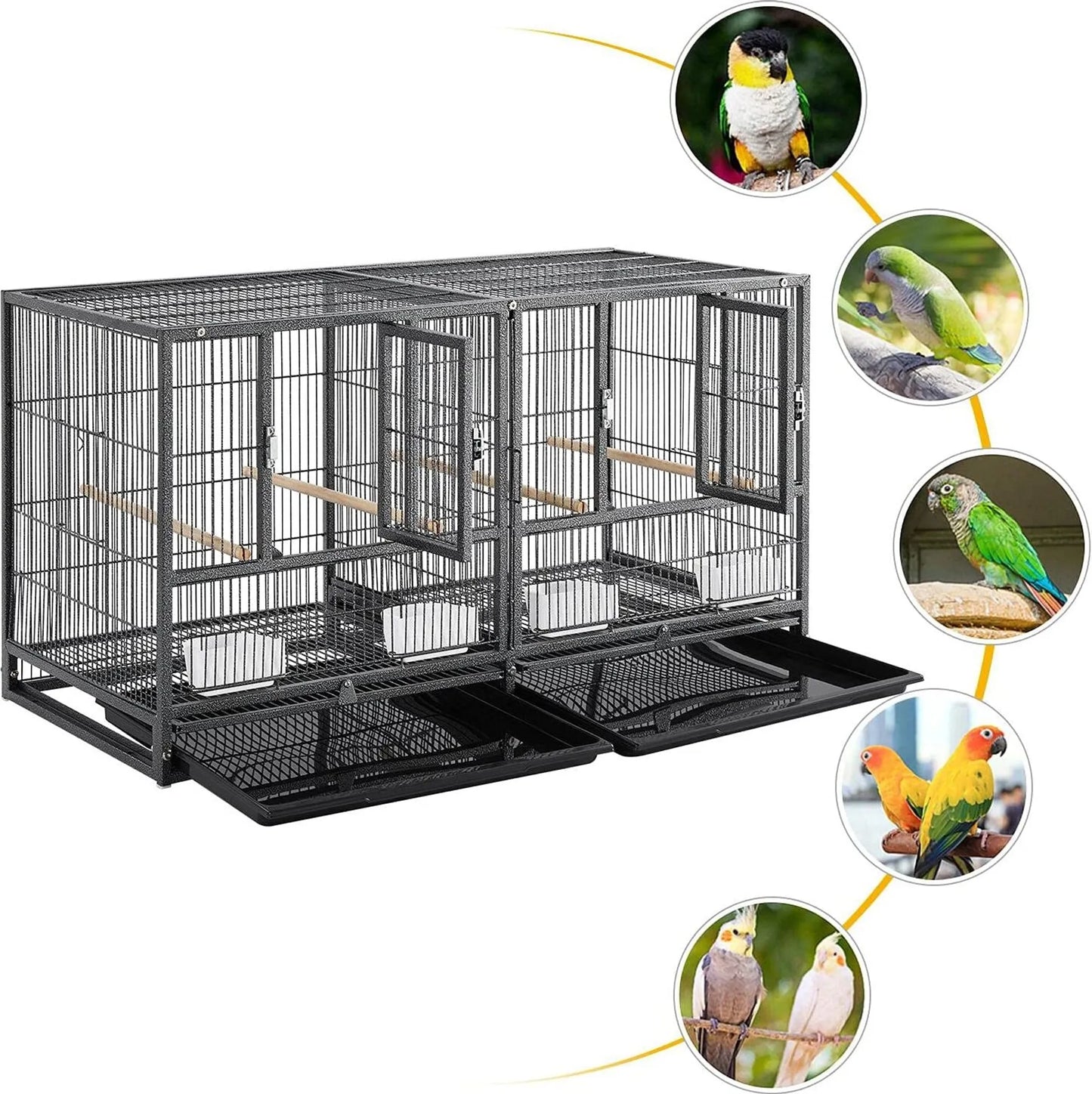Yaheetech Bird Cage With Partition - With 1 cm Bar Spacing And 4 Feeders And Removable Bottom Drawer - For Parakeets And Canaries - Black Powder-Coated Metal - 95,5 x 45,5 x 105 cm