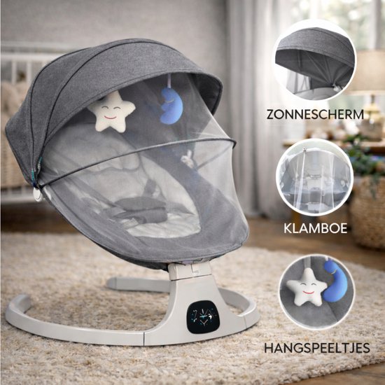 Oemmie Berceuse électrique - Balançoire pour bébé - Berceuse pour bébé - Fonction bluetooth et télécommande incluses - 5 positions de balancement - Gris