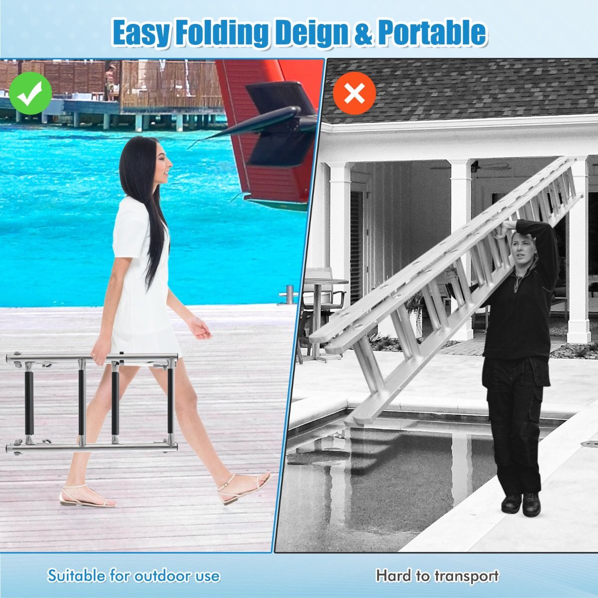 Escalier de piscine Coast avec 4 marches, pliable, acier inoxydable, 90 x 27,5 x 13 cm, argenté