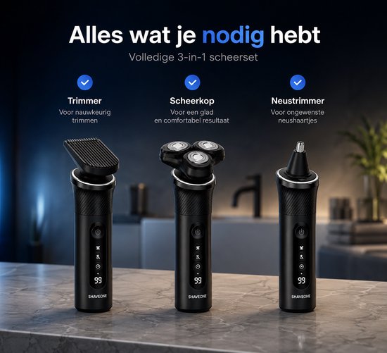 Rasoir pour hommes 3-en-1 - Avec tondeuse et tondeuse pour nez - Rasoir électrique - Rasage sur peau sèche ou humide - Tondeuse à barbe