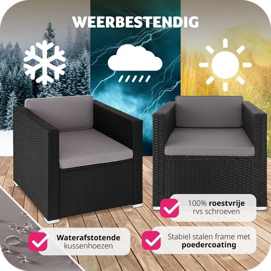 tectake® fauteuil confortable en osier avec accoudoirs, mobilier de jardin pour balcon, jardin, salon, 70 x 69 x 65 cm, déperlant et lavable, coussins d'assise et de dossier inclus - noir - poly-rattan