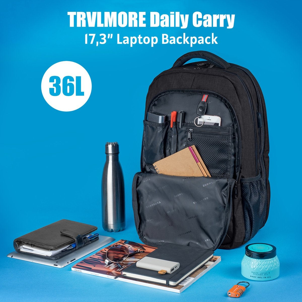TRVLMORE Sac à dos - 36L - 17.3 inch - Sac à dos pour ordinateur portable - Sac d'école - Unisex - Splashproof Black
