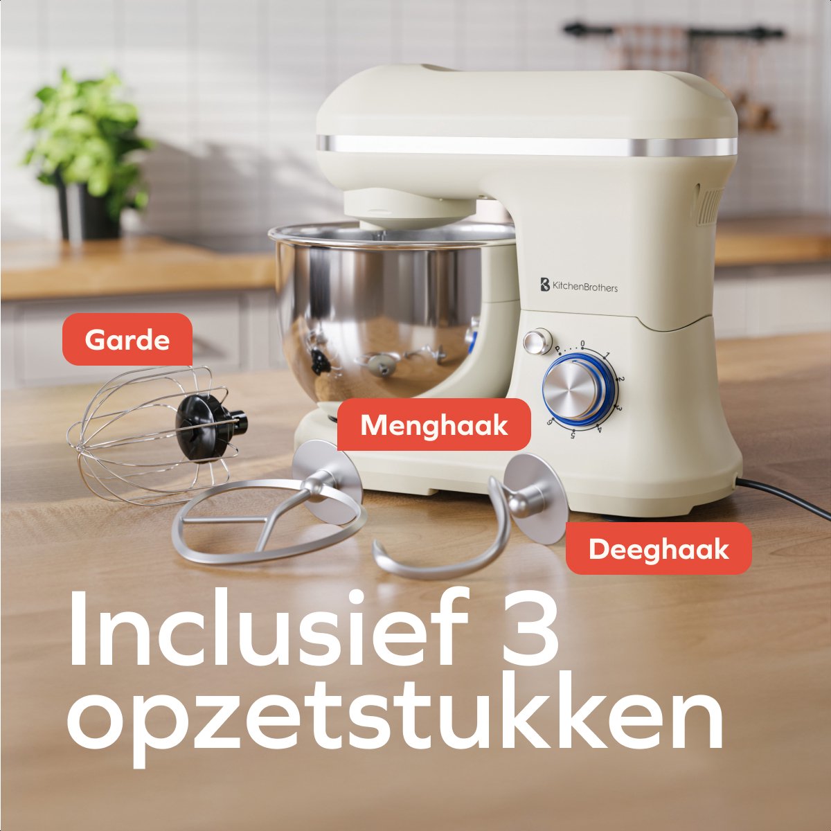 KitchenBrothers Robot de cuisine - 1200W - 5L Bol de mixage - 6 Vitesses + Pulse - Robot de cuisine avec crochet pétrisseur, fouet et crochet mélangeur - Champagne