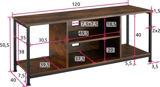 tectake - Meuble TV avec 4 compartiments ouverts et étagère réglable - brun foncé industriel - dim. 120 x 40 x 50,5 cm - 404644