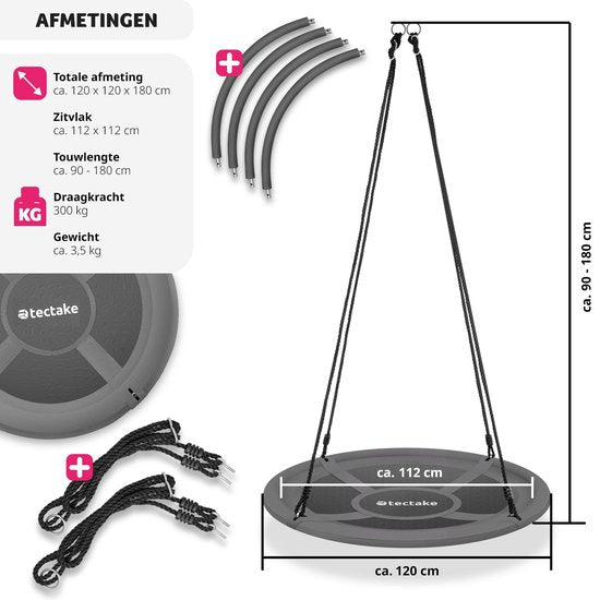 tectake® nesting swing - balançoire à panier avec une capacité de charge jusqu'à 300 kg - balançoire pour enfants et adultes - balançoire de jardin pour l'extérieur ou chaise suspendue pour l'intérieur - jouet pour le jardin ou la chambre d'enfant (DIMENS
