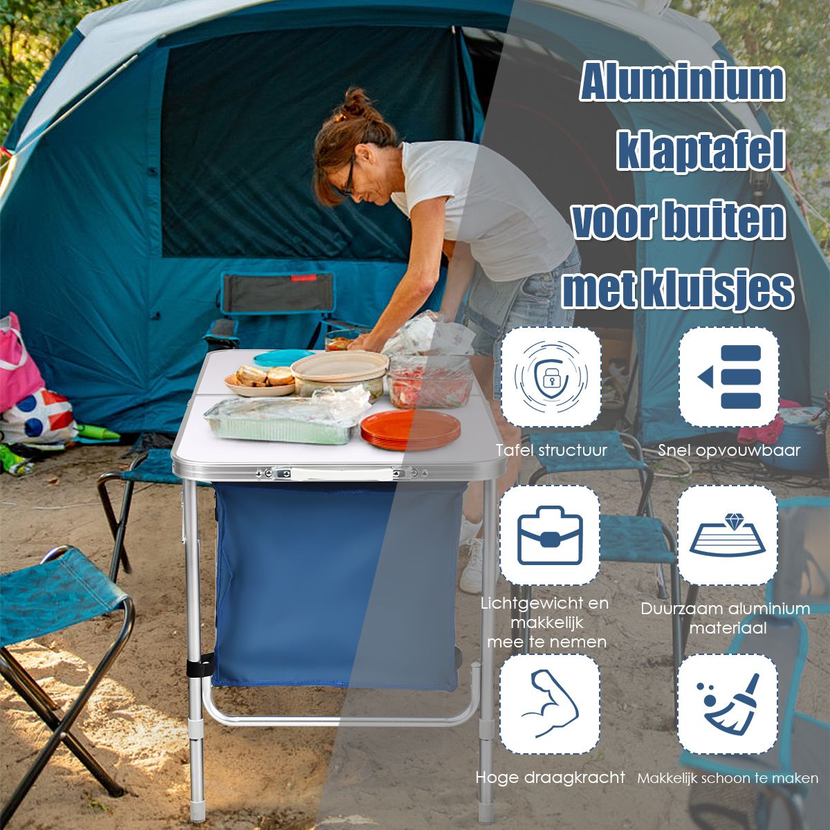 Table de camping Coast avec espace de rangement - hauteur réglable - pliable - bleu foncé 120 x 60 cm